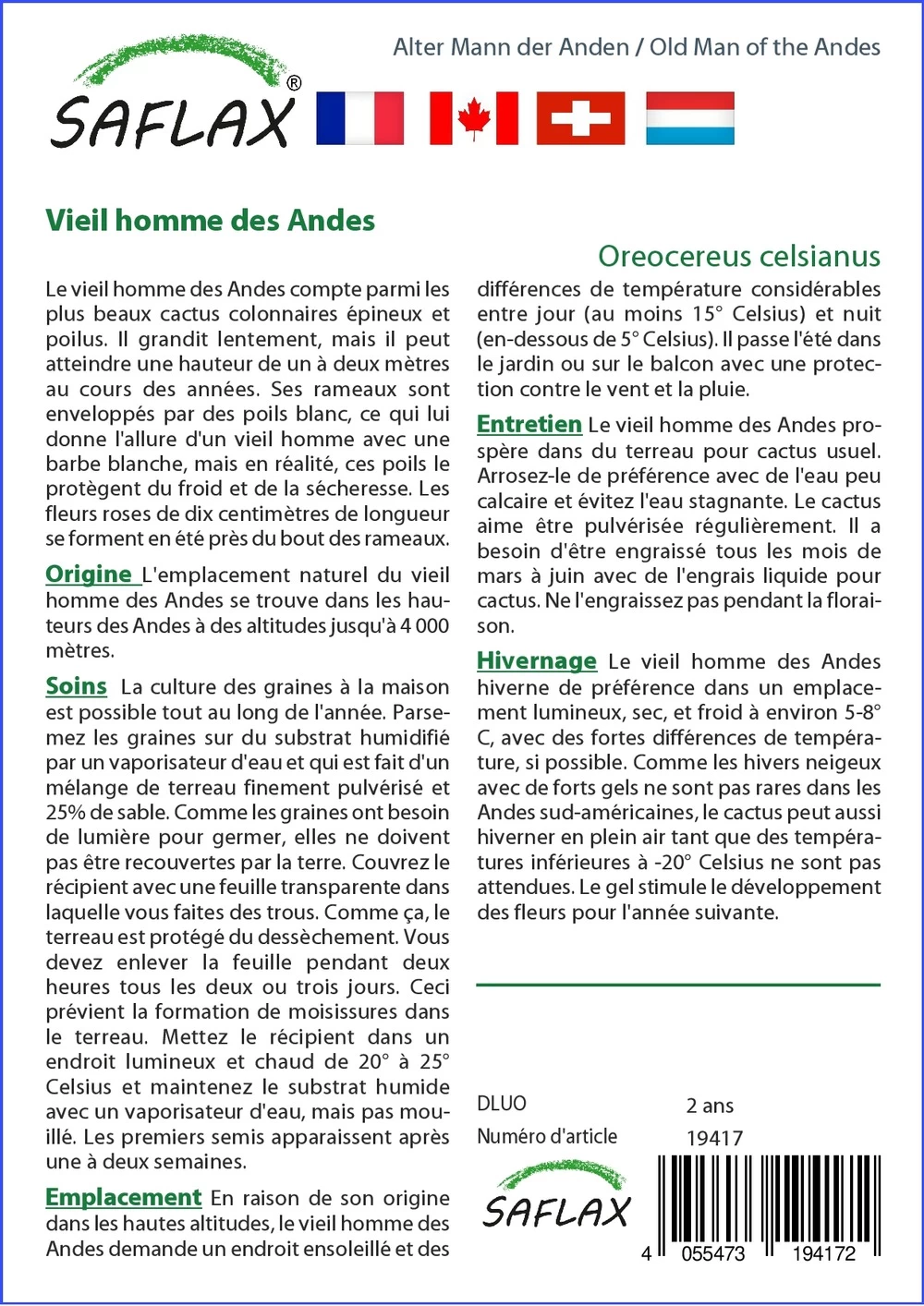 Kit De Culture - Vieil Homme Des Andes - 40 Graines - Oreocereus Celsianus 5 Kit De Culture - Vieil Homme Des Andes - 40 Graines - Oreocereus Celsianus - Image 3